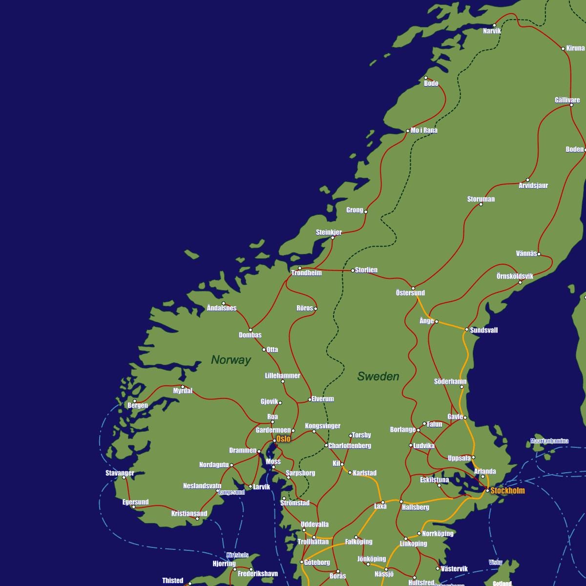 Mapa de Noruega tren rutas