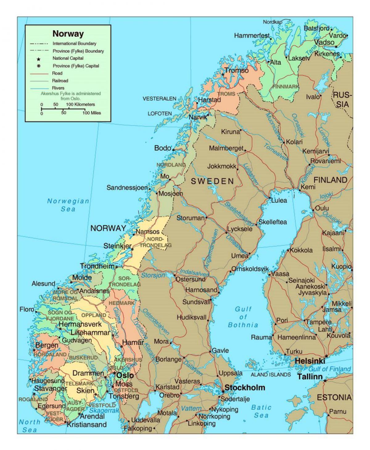 mapa do camiño de Noruega, con cidades