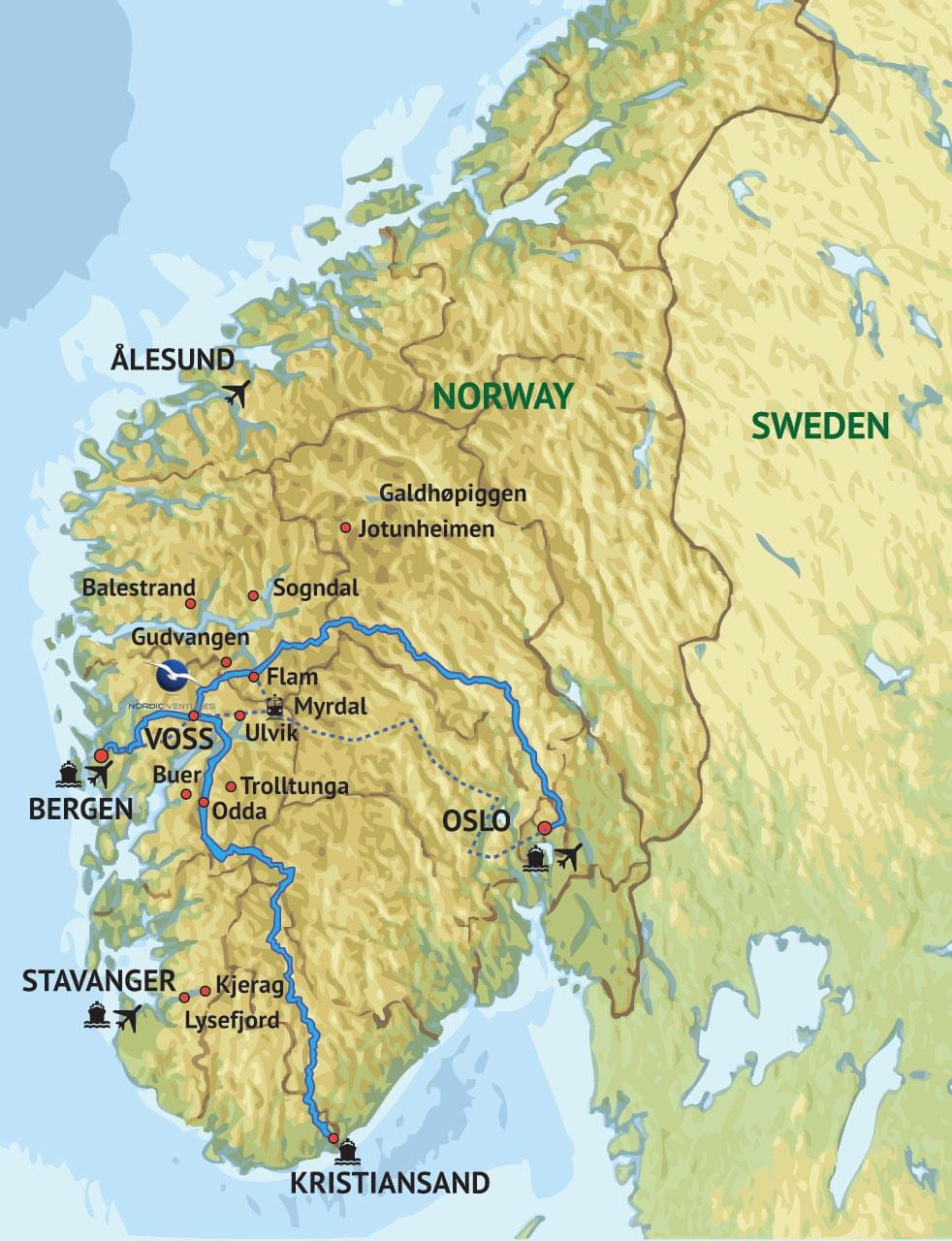 Mapa do oeste de Noruega