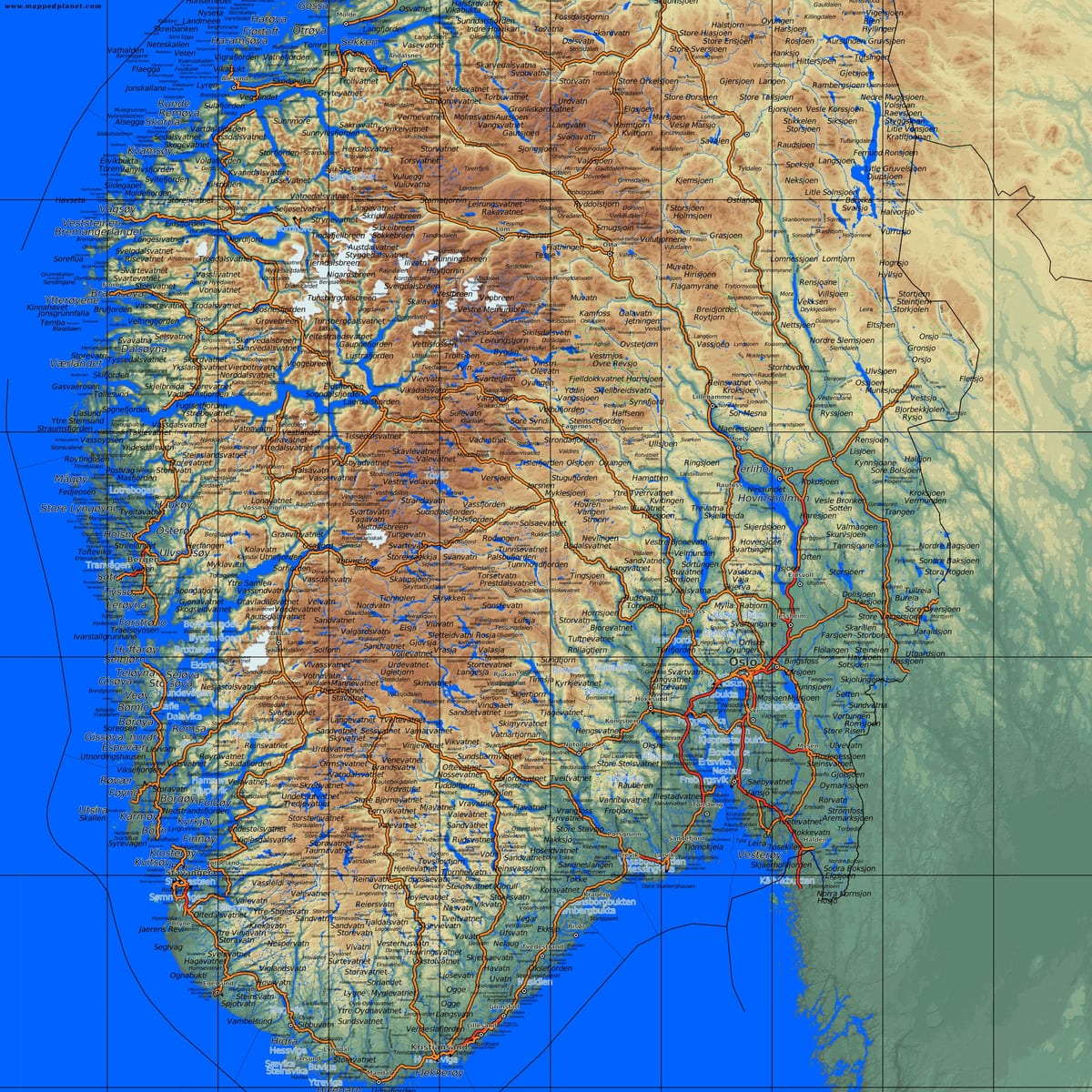 mapa detallado do sur de Noruega